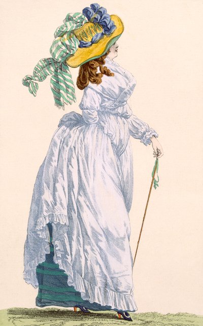 Sky blue promenade dress with green underskirt, engraved by Le Beau, plate no.252 from 